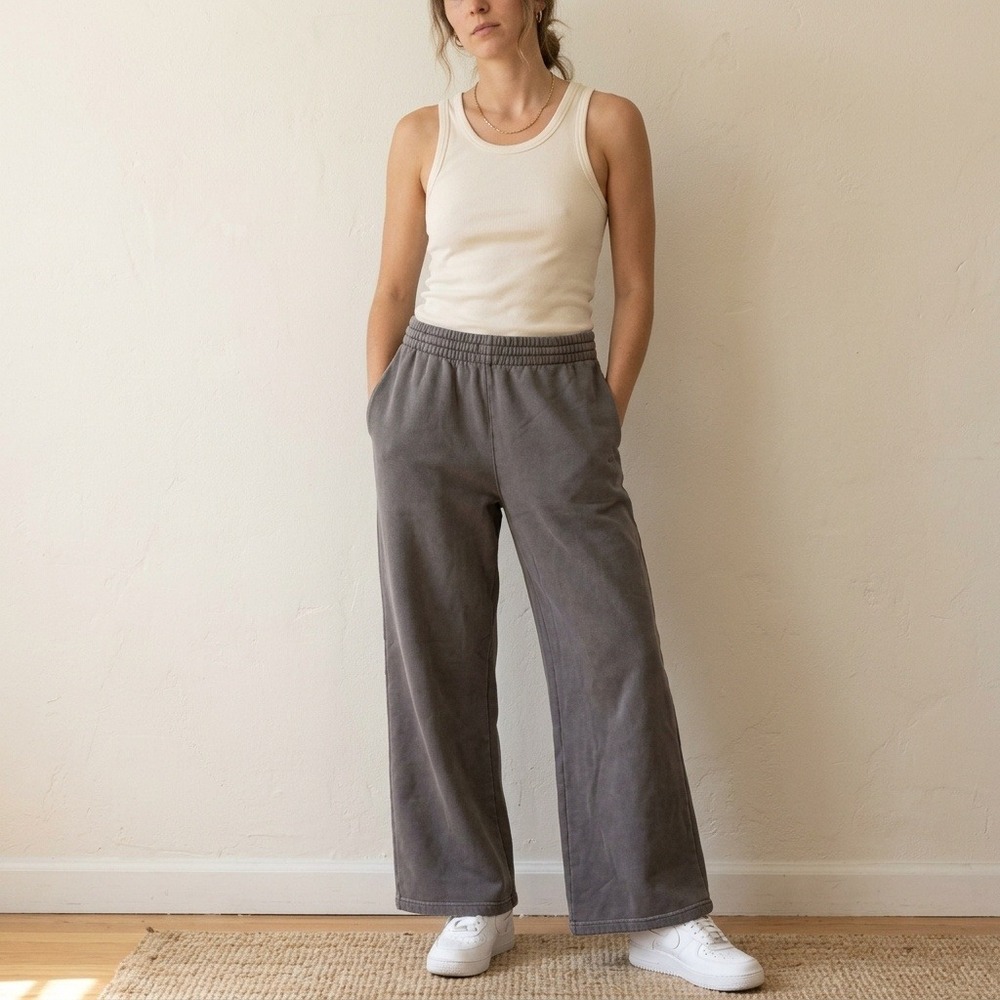 Aritzia Tna Cozy Fleece Boyfriend Fit Pants Large Gray Wide Leg Relaxed Lounge
